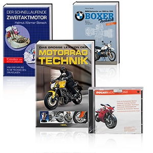 Four technical books on motorcycle engines, technology and models with numerous illustrations.